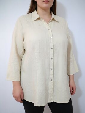 Edward Woman Irish Linen Embroidered Shirt 2X Cream Button Down Boho Plus Size